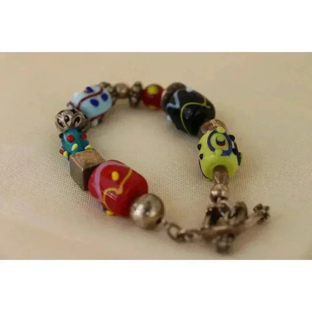 Silver and art glass bead bracelet 925 colorful 8 inch, multicolored gift hobo